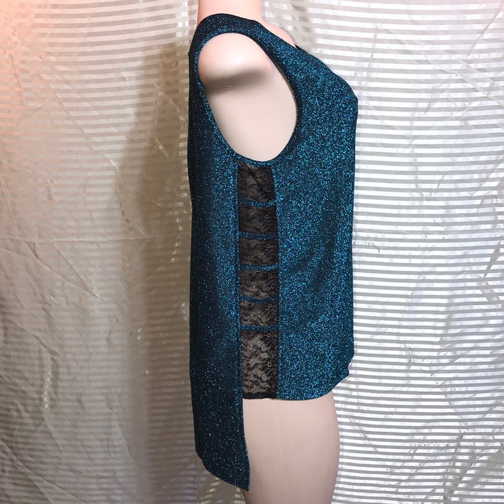 Blue Sparkle Cut Out Open Back Lace Panel Tank Top